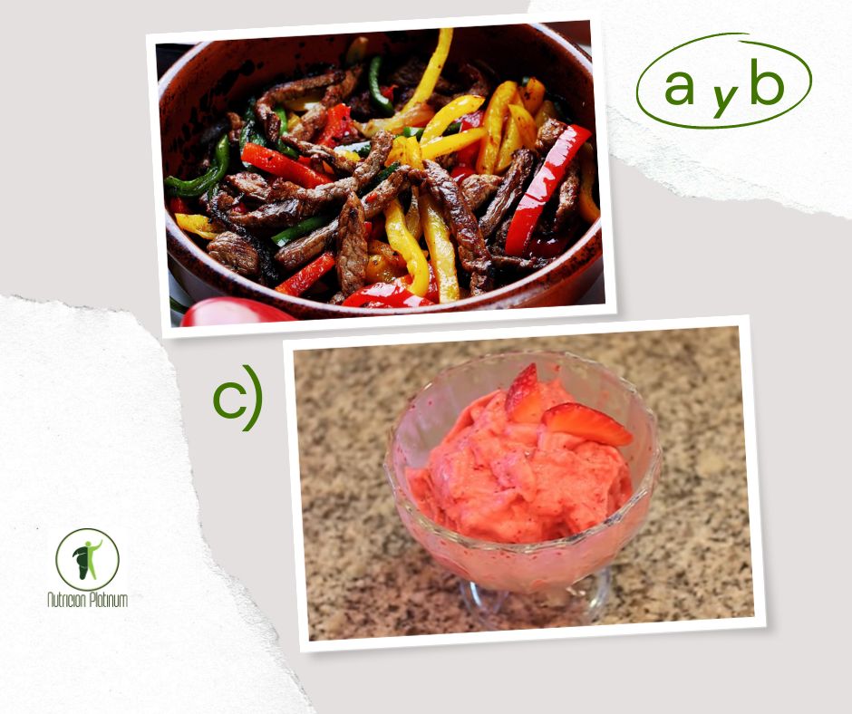 Ternera con pimientos estilo chino helado de yogur de fresa.